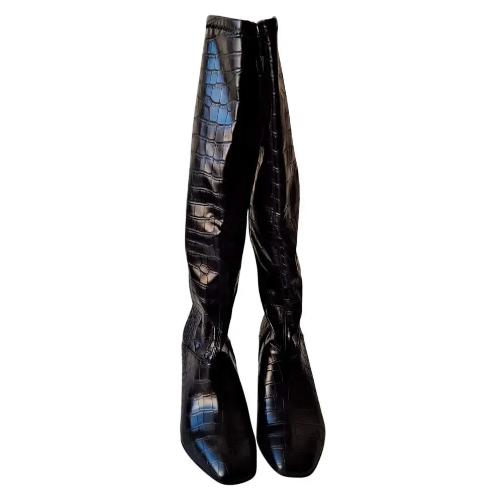 NWT Franco Sarto Tribute Black Croc Faux Leather Knee High Boots WIDE Calf 8.5 M